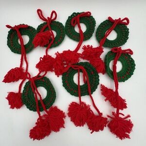 Vintage Lot of 7 Handmade Granny Crochet Christmas Green Wreath Ornaments 4.5"